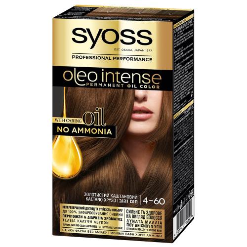 Syoss Oleo Intense Permanent Oil Hair Color Kit Επαγγελματική Μόνιμη Βαφή Μαλλιών για Εξαιρετική Κάλυψη & Έντονο Χρώμα που Διαρκεί, Χωρίς Αμμωνία 1 Τεμάχιο - 4-60 Καστανό Χρυσό